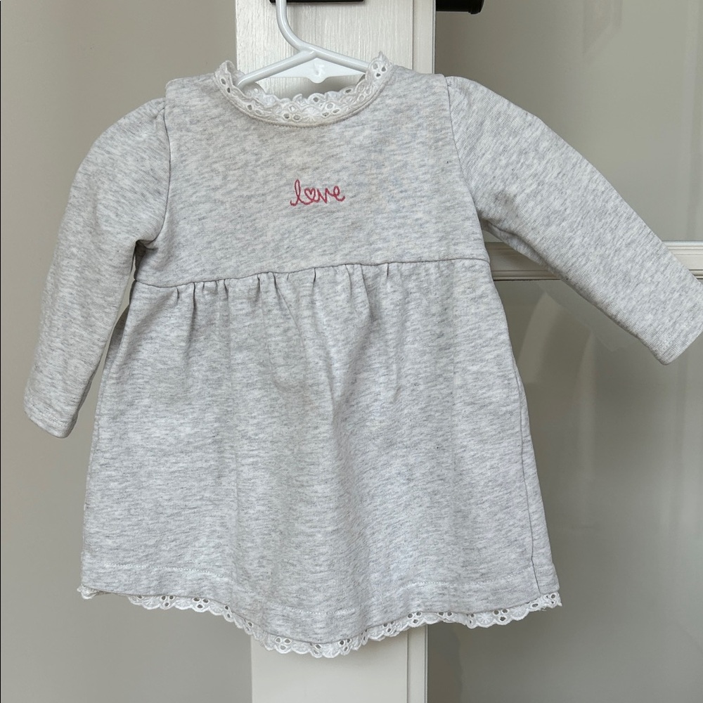 Little White Company Gray Long-Sleeve Dress with Love embroidery and lace detail